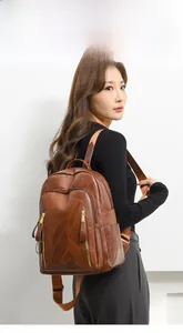 Brown faux leather backpack with vertical zip pockets shown on a female model