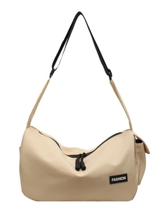 Minimalistische beige Hobo-Tasche aus Nylon mit schwarzem Gurt und modischem Logo