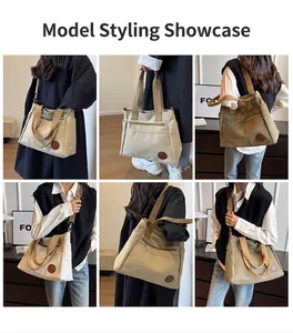 Vues multiples du grand sac cabas en toile avec logo en cuir et bandoulière réglable