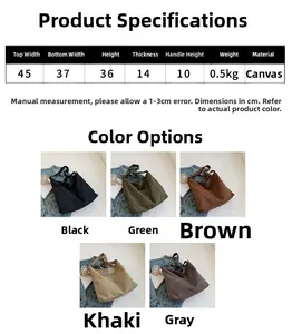 Tableau des tailles et options de couleurs pour le grand sac fourre-tout en toile
