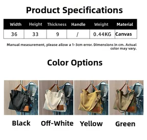 Infographic showing canvas tote bag dimensions and four colors like black, beige and green