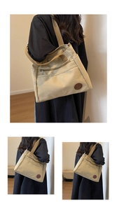 Vue détaillée du sac cabas en toile avec logo en cuir et bandoulières réglables