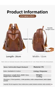 Detail view of brown PU leather backpack dimensions and multi-pocket internal structure
