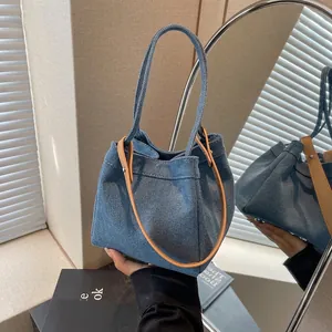 Retro Denim Bucket Bag For Women Fashion Casual Solid Color Handbag With PU Leather Handle Shoulder Bag Tote Purse