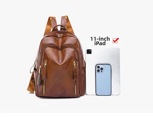 Brown PU leather backpack with leaf vein embossing and space for an 11-inch iPad