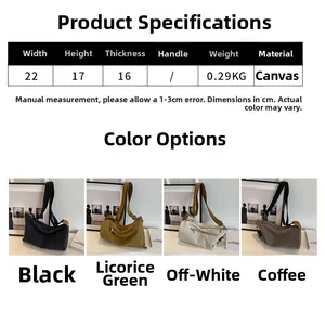 Detailed size chart and four color options for the stylish canvas crossbody bag