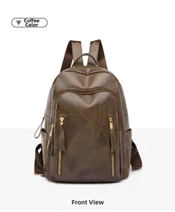 Detail of coffee brown PU leather backpack with leaf vein texture and gold zippers