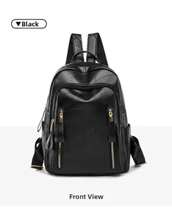 Detailed front view of black leather backpack featuring stylish vertical zipper pockets