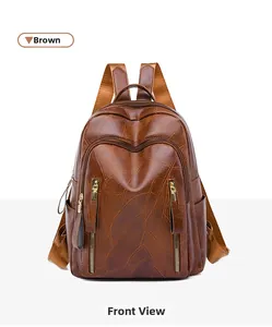 Front detail of brown PU leather backpack with textured stitching and gold zippers
