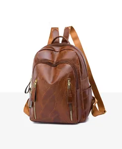 Side view of brown faux leather backpack with leaf vein texture and gold zippers