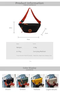 Detailed size specifications of the minimalist canvas waist bag with four color options