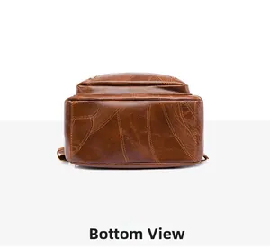 Detail view showing bottom construction of dark brown vintage faux leather backpack