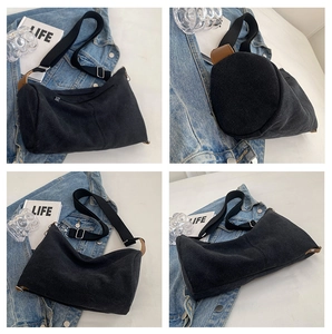 Detailed multi-angle views of black canvas shoulder bag with adjustable brown leather straps