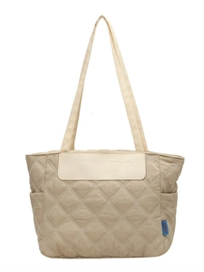 Quilted khaki tote bag with large capacity and elegant embroidery for women