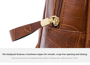 Detailed macro of golden zipper with leather pull on brown vintage textured backpack