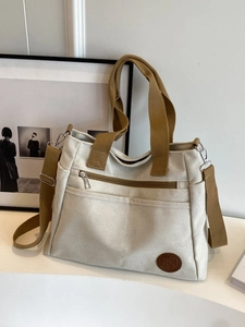 Grand Sac Cabas en Toile pour Femmes Sac Bandoulière Décontracté Avec Sangles Contrastées et Patch en Cuir pour Travail École