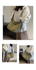 Détail d'un sac bandoulière en nylon vert olive avec double zip et cordon de serrage