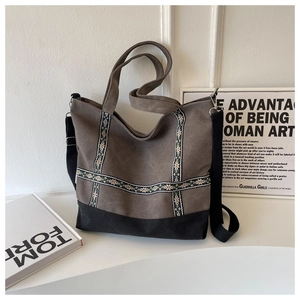 Large canvas tote bag with ethnic jacquard straps and detachable shoulder belt