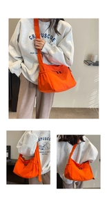 Détail du sac bandoulière en toile orange vif avec poches latérales à cordon pratiques