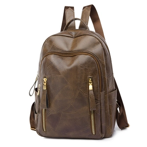 Retro brown patchwork leather backpack with gold zippers and large capacity