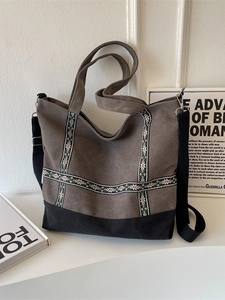 Retro canvas tote bag with ethnic embroidery and adjustable shoulder strap for women
