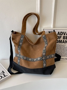 Large vintage canvas tote bag with ethnic woven patterns and adjustable shoulder strap