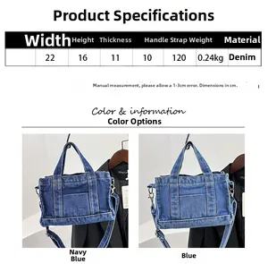 Detailed size specifications for small denim tote bags in blue and dark blue colors