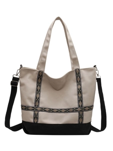 Large capacity canvas tote bag with floral ethnic straps and adjustable shoulder strap