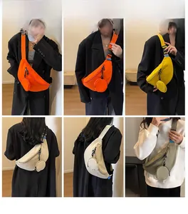 Collage of multi-color crossbody chest bags with small round pouches shown on models