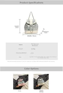 Detailed size specifications and material chart for denim bucket style sequin backpack