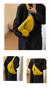 Multiple views of yellow nylon crescent chest bag with matching round coin pouch