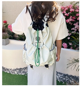 Detail of lightweight drawstring hiking backpack featuring Fair Play tennis print