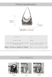 Macro view of textured PU leather tote showing dimensions, weight, and strap options