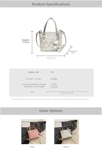 Detailed size specifications for heart-embossed PU leather handbag with strap dimensions