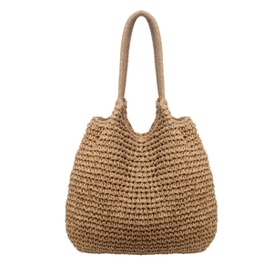 Large capacity handmade woven straw tote bag for women with minimalist khaki texture