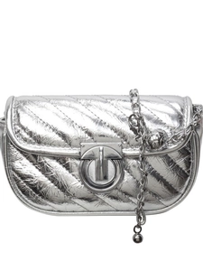 Silver metallic quilted chain crossbody bag with round metal lock and spherical decor