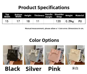 Size specifications chart for the bow bucket bag with four color options shown