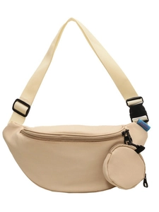Minimalist beige canvas crossbody fanny pack with adjustable strap and small coin purse