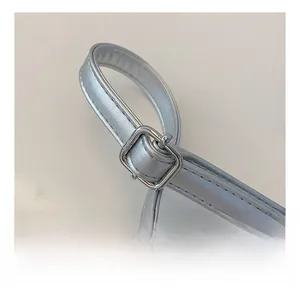 Macro shot of silver textured bag strap with adjustable metal buckle and neat stitching