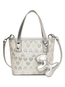 Silver heart-patterned handbag with metallic leather trim and a cute puppy charm