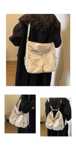 Detail showing versatile off-white nylon bag worn as a shoulder and backpack style