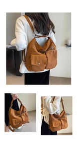 Three-way view of a large brown nylon backpack with multiple utility pockets and straps