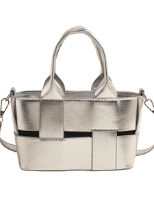 Silver woven bucket bag in metallic faux leather with crossbody strap for women
