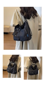 Detailed views of versatile black nylon bag with multiple functional zip pockets
