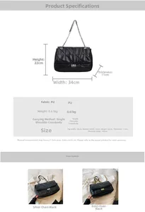Detailed size specifications and material chart for black quilted PU leather chain bag