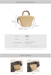 Detailed view of woven straw tote bag with bamboo handles and adjustable leather straps
