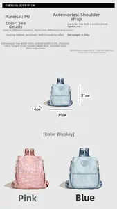Détails du sac à dos en PU avec dimensions et options de couleurs rose et bleu ciel