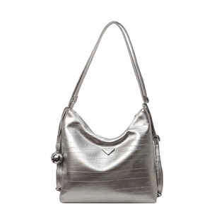 Metallic silver tote bag with quilted texture, triangle logo, and metal ball charm