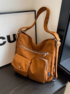 Caramel nylon crossbody bag with large capacity multi-pockets and adjustable shoulder strap