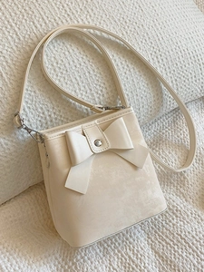 Women Bow Bucket Bag PU Leather Sweet Crossbody Shoulder Bag With Adjustable Strap For Daily Fashion Silver Black Pink